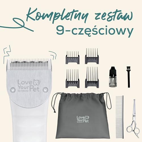 Beurer Love Your Pet Maszynka do strzyżenia Fluffy dla psów i kotów, cichy trymer, do strzyżenia gęstej i skołtunionej sierści, bezprzewodowa maszynka do strzyżenia zwierząt, 9-częściowy zestaw