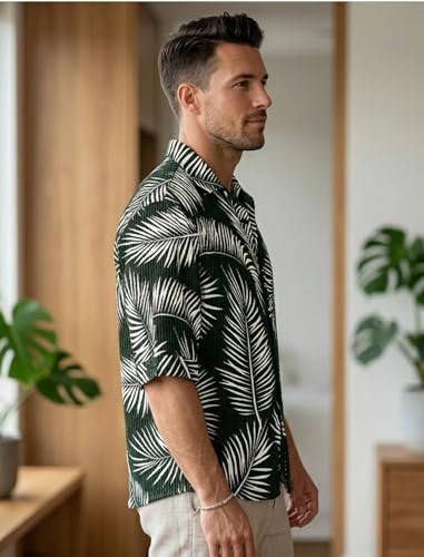Image of MiraMichi Men's Corduroy Printed Half Sleeve Casual Shirt - Regular Fit Hip Length