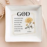God Designed Me Created Me Blessed Me, Custom Birth Month Flower Christian Jewelry Dish for Women, Faith Jewelry Dish with Bible Verse Prayers, Spiritual Religious Gifts for Besties