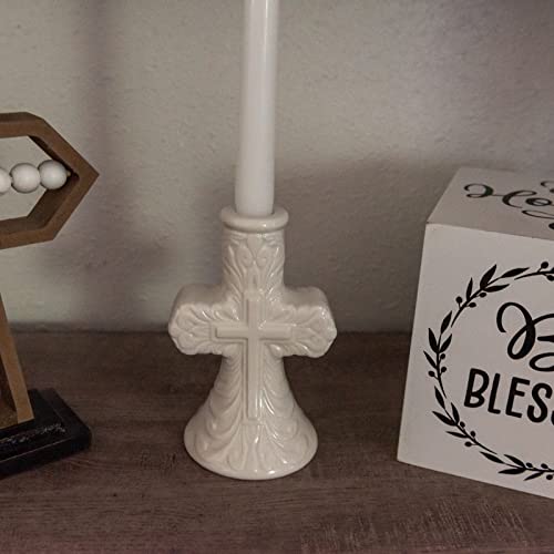 Scwhousi Cross Taper Candle Holder,Christian Crucifix Tabletop Candle Holder,Vintage Antique Candle Decor For Wedding,Christmas Dining,Ceramic White #TOP3