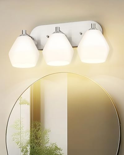 Image of Emak Brushed Nickel Bathroom Lights Over Mirror, Modern Bathroom Vanity Light with Milk Glass Shade, 3-Light Vanity Lights for Mirror, Bath, VL129-BN-ML-3
