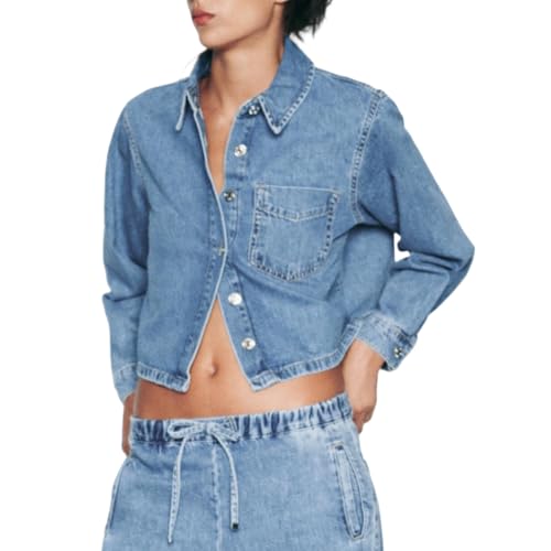 Women Crop Denim Jacket Shacket Long Sleeve Jean Shirt Lapel Collar Denim Shirt Blouse