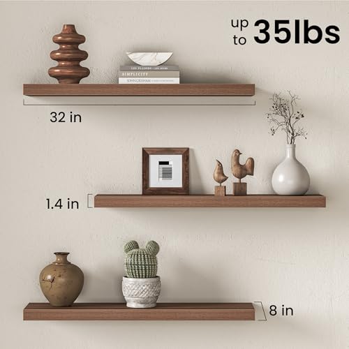 Image of Fun Memories 32Inch Floating Shelves for Wall, 8 Inch Deep Shelves for Bathroom|Bedroom|Kitchen Wall Mounted, Wood Hanging Shelf with Invisible Brackets for Home Storage Decor, Walnut - 3 Pack