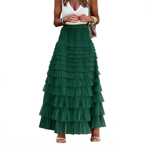 Mincib Womens Long Tulle Skirt A Line Ruffle Tiered Layered Skirts High Waisted Flowy Fairy Maxi Skirts(Green L)