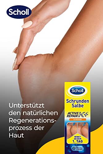 Scholl Schrundensalbe Active Repair K+ Fußcreme, 25 ml, für Trockene, Rissige Fersen, Regeneriert Geschädigte Haut, Intensivpflege mit 25% Urea & Keratin, Parfümfrei, Fußpflege für Schöne Füße