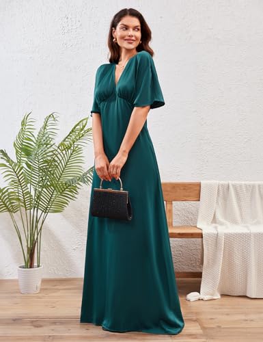 Image of S・DEER SDEER Women's Deep V Neck Maxi Dress Satin Flutter Short Sleeve A Line Long Gown Dresses Formal Party Dress(Green,M), Medium