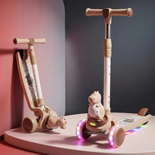 Image of Baybee Dino Blaze Kick Scooter for Kids | 3 Wheel Skate Scooter with RGB LED Wheels & Music | 3 Height Adjustable T-Bar Handle & Rear Brake | Foldable Skate Scooter for Kids 3 to 8 Years (Khaki)
