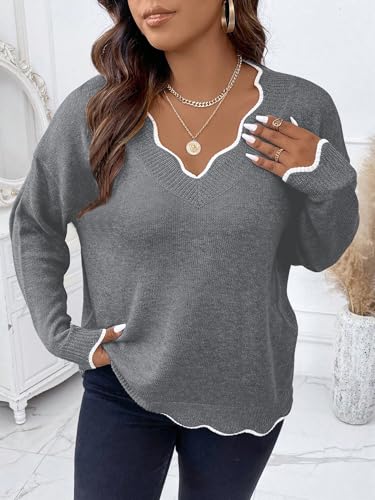 Image of MAKEMECHIC Women's Plus Size Long Sleeve Sweaters Scalloped V Neck Knit Cozy Sweater Pullover