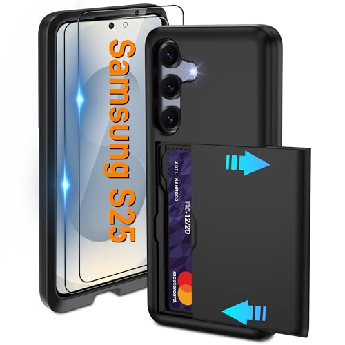 Pilaru for Samsung Galaxy S25 Case with Card Holder and (2 Pcs) HD Screen Protector Slim Heavy Duty Dual Layer Shockproof Design & Hidden Card Slot Wallet Case for Galaxy S25-Black