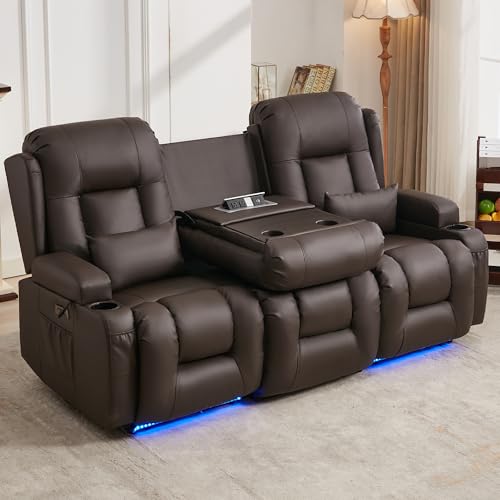 Image of URRED Power Loveseat Recliner Sofa with Massage and Heat, Wall Hugger Reclining Loveseat with Console, RV Couch Home Theater Seating with LED Lights for Living Room (Dark Brown, 76.8 inch - 3 Seats)