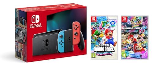 Consola Nintendo Switch - Color Azul Neón/Rojo Neón + Super Mario Bros. Wonder + Mario Kart 8 Deluxe