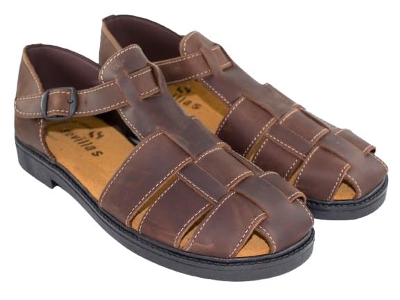 Sandalias de Cuero para Caballero, Estilo con Hebilla Ajustable, Color Marrón y Negro, Suela Antideslizante