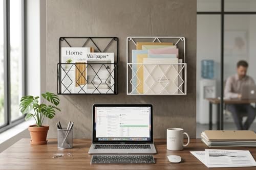 Image of Hanging File & Magazine Holder - Wall Mounted Metal Organizer for Newspapers, Documents & Office Storage | Decorative Black Wall Rack for Home & Workspace (Black+White)