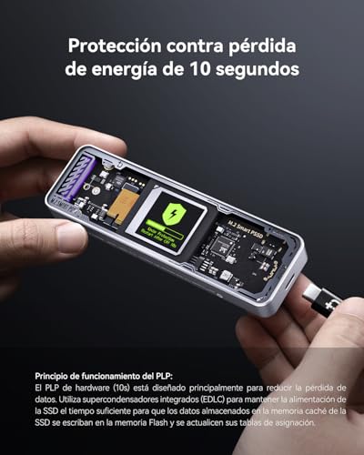DOCKCASE Explorer Edition Smart Carcasa SSD M2 NVMe, 10s Power Loss Protection, Detección de Vida Útil del Disco, Puertos Dobles Tipo-C USB-C 3.2 10 Gbps Que Admiten SSD NVMe, hasta 4TB, Plata - imagen 3