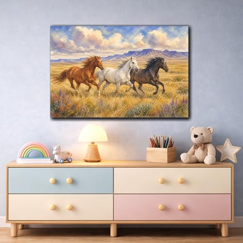 Impression trois chevaux aquarelle grand tableau mural horizontal