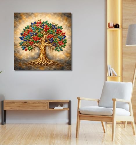 Image of Kunj Cart Kalpavriksha Tree Painting | 8+ DESIGNS | Kalpvriksh Tree Wall Painting | Lucky Tree Wall Art For Living Room, Bedroom and Office Decor | Canvas Painting for Wall Decoration (Design - B, 12x12 Inch, Framed)
