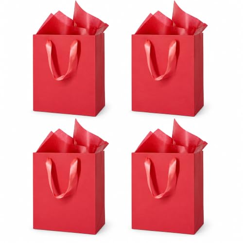 MOXARYSU 4Pcs Medium Red Gift Bags With 8 Tissue Paper 8x5x10 Inch