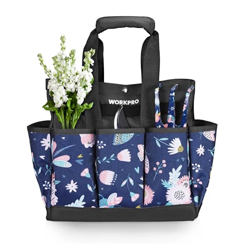 WORKPRO Garden Tool Bag, 9-Pocket Heavy Duty Oxford Tote Bag, Gardening Tool Kit Holder, 12" x 12" x 6" (Blue Insects)