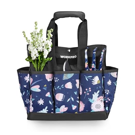 WORKPRO Garden Tool Bag, 9-Pocket Heavy Duty Oxford Tote Bag, Gardening Tool Kit Holder, 12" x 12" x 6" (Blue Insects)