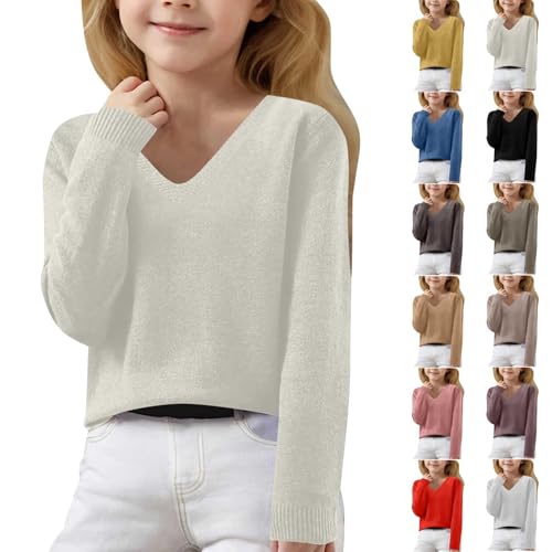 Cashmere Sweater for Girls Fashion V Neck Knit Pullover Sweaters Beige - image 1