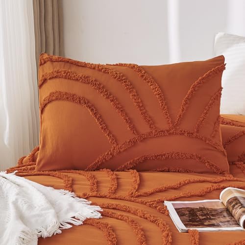 Image of ENJOHOS Burnt Orange Twin Comforter Set, 2 Pieces Boho Style Comforter, with Tufted Rainbow Pattern, Lightweight Fluffy Microfiber Comforter for All Season, with 1 Pillowcase
