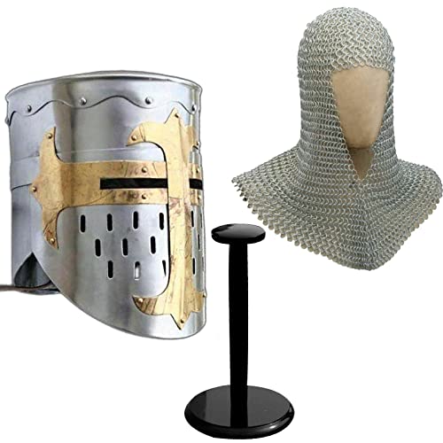 Image of AnNafi Medieval Templar Crusader Helmet Replica + Aluminium Chainmail Coif + Wooden Helmet Stand, Knight Crusades Costume Templar Reenactment Cosplay Greek Roman Spartan Armourt, Medieval Costumes