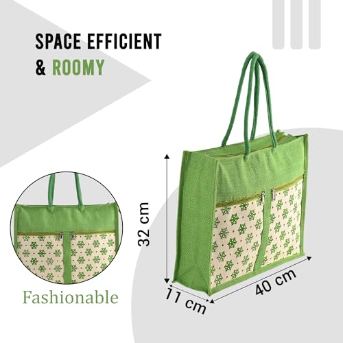 Image of Kuber Industries Multi-purpose Jute Lunch Bags For Office Men /Women | Reusable Grocery Bag with Zip Compartments & Handle | Carry bag For Office Employees | Star Print - Green & White