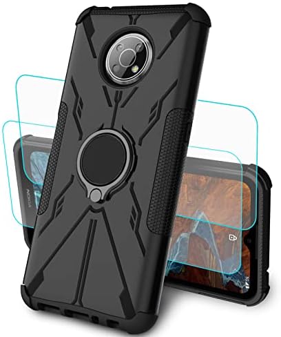 Iokmax for Nokia G300 Case with HD Screen Protector(2 Pack),[Military Grade Protection] Heavy Duty Phone Case Built in Ring Kickstand for Nokia G300 Black