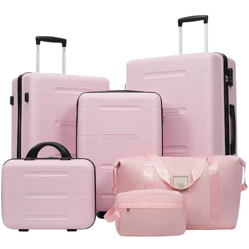 Image of 6 Pcs ABS Hardshell Luggage Set Spinner Wheel Suitcase Suitcase Baby Pink