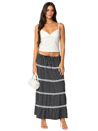Women's Elastic High Waist Flowy Long Maxi Skirt Lace Crochet Summer Print Pleated Tiered Skirts4