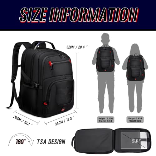 Image of Large Travel Backpack for Men, 17.3 inch Laptop Backpack, Black | 45L Capacity, 180 TSA-Friendly Carry On, Laptop Compartment, Water-Resistant, Sturdy Handle for Work Travel College