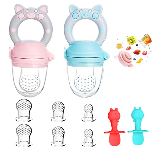 Fruchtsauger Baby, 2 Stück Obstschnuller für Babys ab 3 Monate, 2022 Upgrade Version, Schnuller Zum Befüllen, Breisauger, Obst Schnuller Baby,BPA frei,8 Silikon Sauger in 3 Größen und 2 Baby Löffel