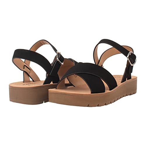Women Platform Sandals Strappy Slingback with Adjustable Buckle Open Toe Lightweight Sole Casual Dress Summer Shoes Black White Tan - JOSIE4