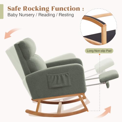 Image of HCHAIRH Rocking Chair Nursery with Foot Rest, Nursing Rocking Chairs for Mom Nursery, Teddy Rocker Glider with High Backrest for Living Room, Bedroom, Teddy Green