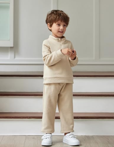 Image of Arshiner Toddler Boy 2 Pieces Fall Winter Clothes Set Letter Embroidery Half Zip Sweatshirt & Pants 3-4T Khaki