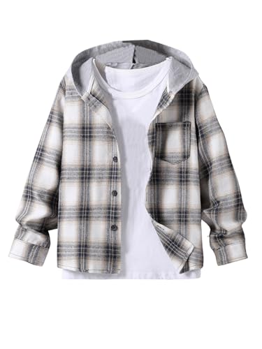 OYOANGLE Boy's Color Block Plaid Button Down Long Sleeve Hooded Shirt Shacket Jacket with Pocket
