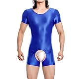 RuiChy Herren Glänzendes Body Kurzarm Fitness Overall Shiny Rundhals Einteiliges Nahtloses Leotard Wrestling Singlet Unitard Freizeit Trainings Playsuit Festival Rave Nachtwäsche(Blau/M)