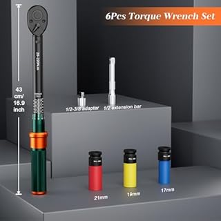 NADOKHI Chiave Dinamometrica 1/2'', 20-220Nm, 6 Pezzi Chiave Dinamometrica Auto con Bussole 17mm/19mm/21mm, Prolunga 125mm, 1/2"-3/8" Adattatore, per Cambio Gomme Auto e Moto