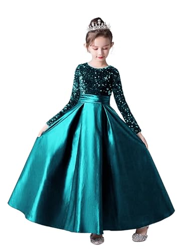 dideyttawl Long Sleeves Flower Girls Dress Christmas Satin Sequins Dress Big Bow Formal Party Dress 503