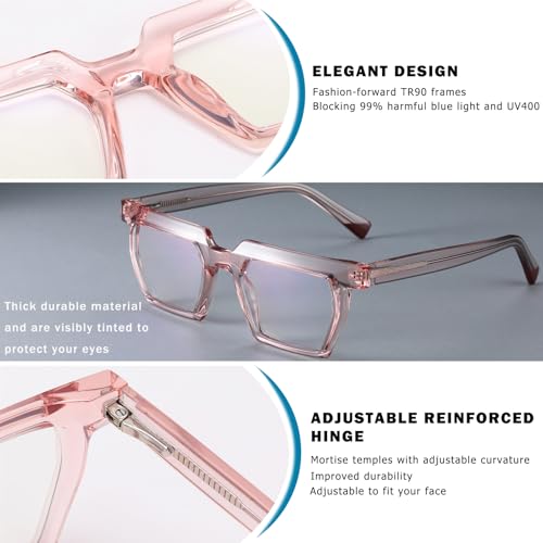 Image of Blue Light Blocking Glasses, TR90 Rectangle Computer Glasses With Anti Eyestrain & UV Glare Protection (Pink)