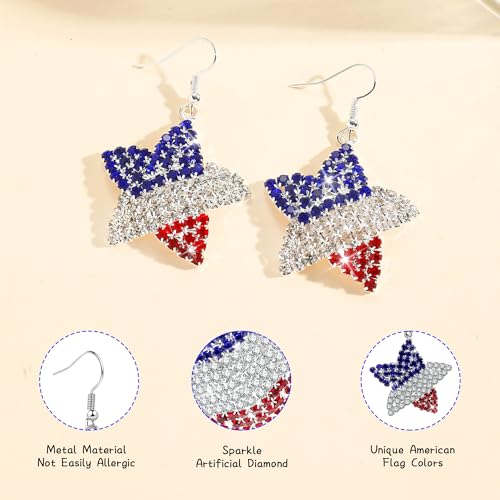 4th of July Independence Day Patriotic Earring for Women American Flag Dangle Earrings Patriotic Red White Blue USA Earring, Pave Crystal Stud3
