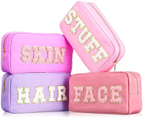 4 Pcs Preppy Makeup Bag Chenille Letter Nylon Cosmetic Bag Makeup Organizer Bag Toiletry Cosmetic Case Preppy Bag with Zipper Stuff Bag Cosmetic Pouch Makeup Pouch for Women Teen Girl (Mixed Colors)