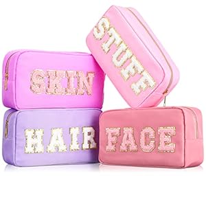 4 Pcs Preppy Makeup Bag Chenille Letter Nylon Cosmetic Bag Makeup Organizer Bag Toiletry Cosmetic Case Preppy Bag with Zipper Stuff Bag Cosmetic Pouch Makeup Pouch for Women Teen Girl