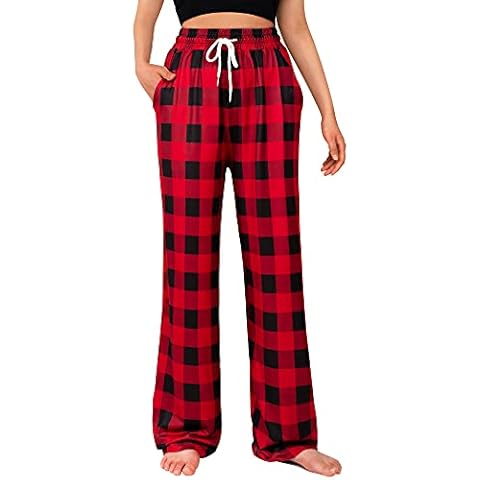 J.VER Womens Check Pyjama Pj Bottoms Ladies Plaid Sleep Pants Lounge Trouser Nightwear with Pockets Soft Silky Cotton Summer Red Black M Cover