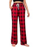Womens Pajama Pants Stretch Red Plaid Lounge Pants Sleep Bottoms Y2K PJ