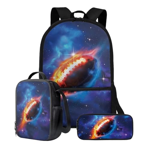 Talayituse American Football Fire Galaxy Star Print 3Pcs School Backpack Set for Boys Teens Teen Shoulder Bag + Lunch Box + Pencil Case Schoolbags Book Bag Travel Casual Daypack with Zipper Pocket