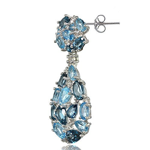 Sterling Silver London Blue, Swiss Blue and White Topaz Cluster Tonal Teardrop Dangle Earrings3
