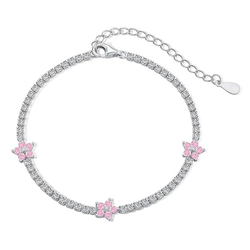 Image of AOBOCO Pink Flower Tennis Bracelet 925 Sterling Silver Cubic Zirconia Adjustable Bracelet for Her Women