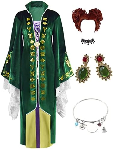 Sehyvant Adult Winifred Sanderson Costume With Cape Accessories Jewelry Wig Women Sarah Sanderson Cosplay Halloween Dress (Green-4, Medium)