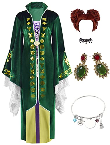 Sehyvant Adult Winifred Sanderson Costume With Cape Accessories Jewelry Wig Women Sarah Sanderson Cosplay Halloween Dress (Green-4, Medium) #TOP1